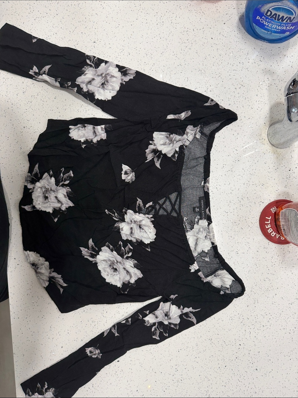 Kendall & Kylie Black Floral Lace-Up Back Long Sleeve Top